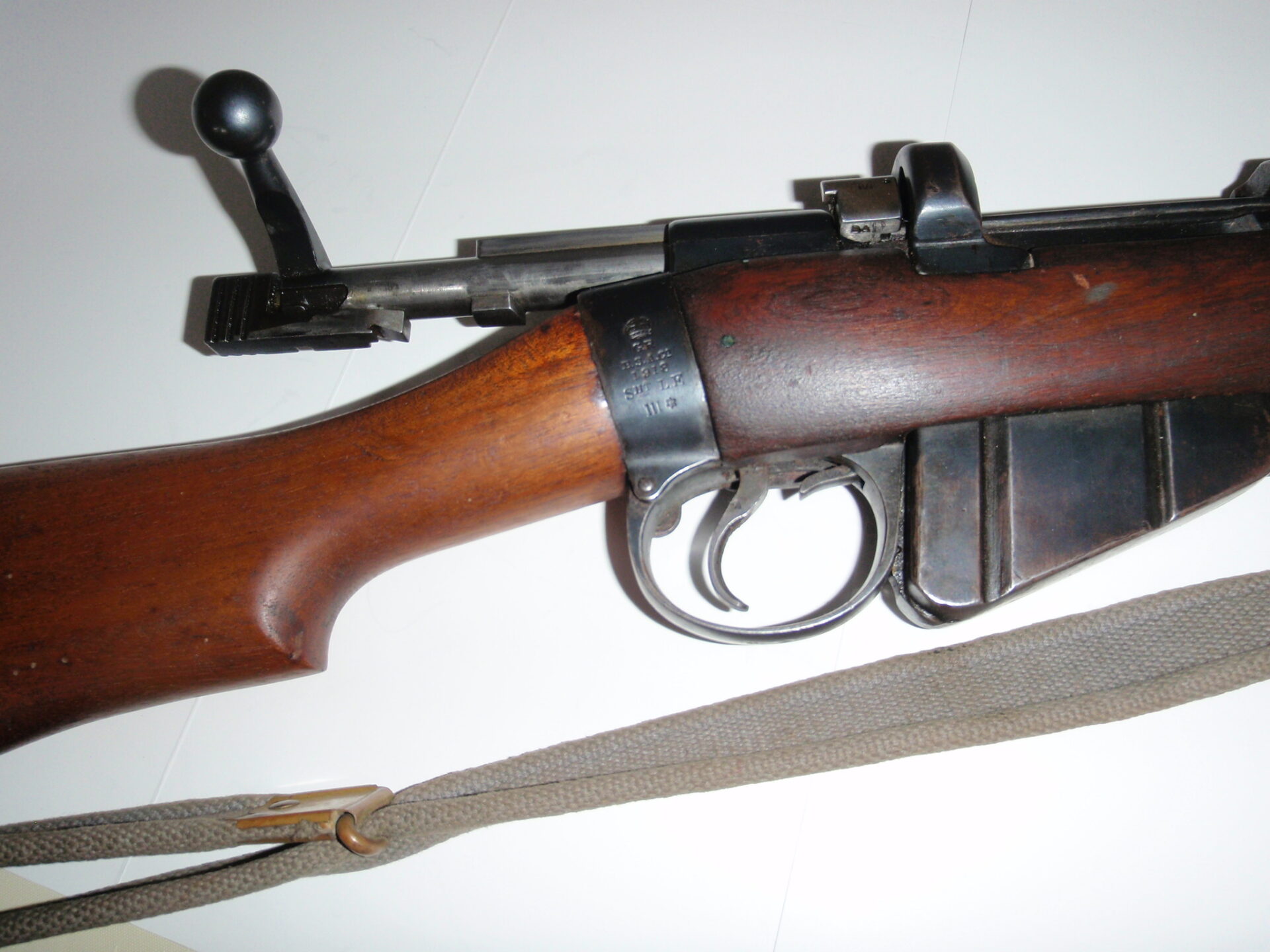 With bolt open, shows that this was made by BSA (British Small Arms factory)